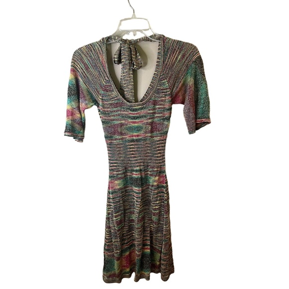 Vintage GUESS Jeans  Multicolor Short Sleeve Smocked Back Tie Knit Dress Small - Picture 1 of 10